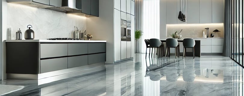 a kitchen with a marble floor and a marble floor