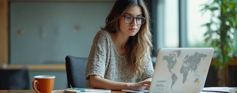 a woman sitting at a table with a laptop computer