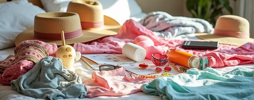 a hat on a bed with several items and clothes getting prepared for being packed for travel