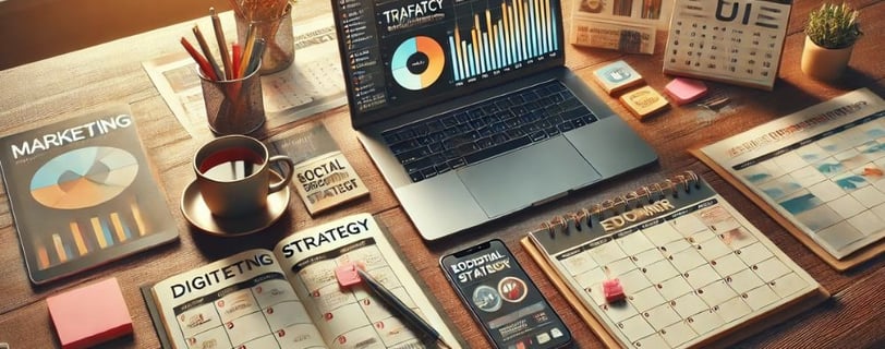 Mesa con herramientas para planificar una estrategia de marketing digital efectiva en Almería.