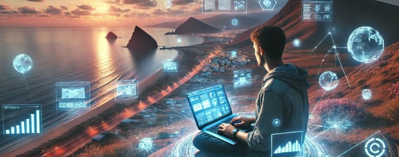 Persona creando contenido digital con un paisaje de Almería de fondo.