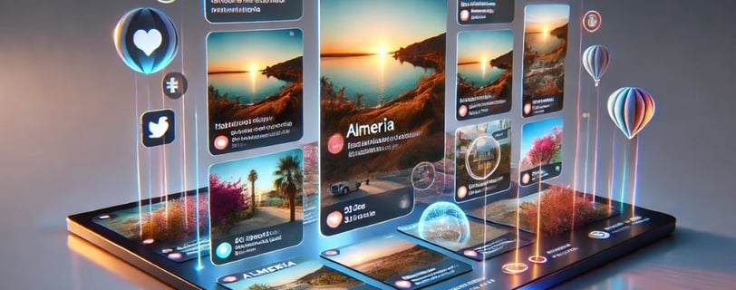 Publicaciones de redes sociales con hashtags y paisajes de Almería para negocios locales.