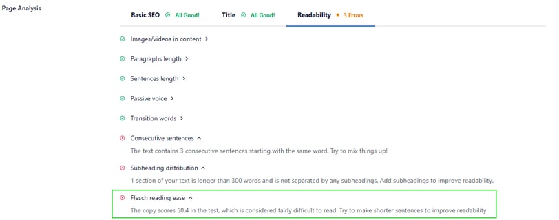 Flesh Reading Ease example AIOSEO