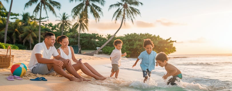 a family of three children playing in the water