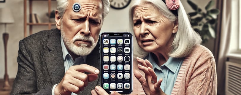 Un homme et une femme seniors essaient de naviguer sur un smartphone complexe avec de petites icônes