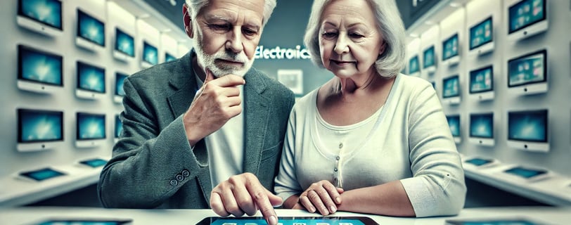 Un couple senior examine attentivement une tablette à l’interface simplifiée dans un magasin