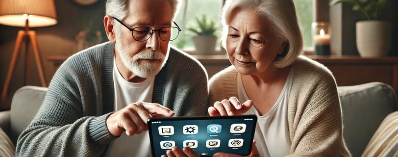 Un couple senior explore une nouvelle tablette dans un environnement calme et confortable