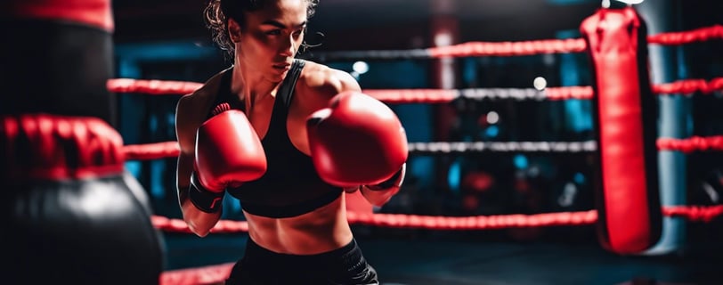 Boxeuse athlétique en position de garde s'entraînant dans un ring avec sac de frappe