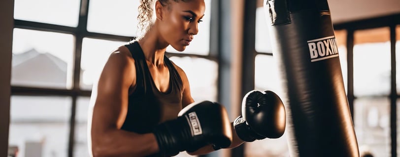 Boxeuse athlétique s'entraînant avec un sac de frappe dans une salle de sport moderne,