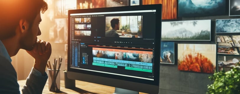 kreativer Profi, der an einem Computer sitzt und sorgfältig Szenen für ein Video auswählt