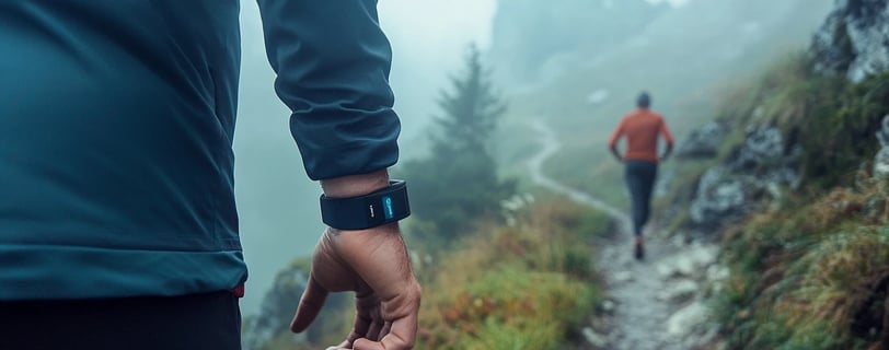 a person walking up a path with a wrist watch on