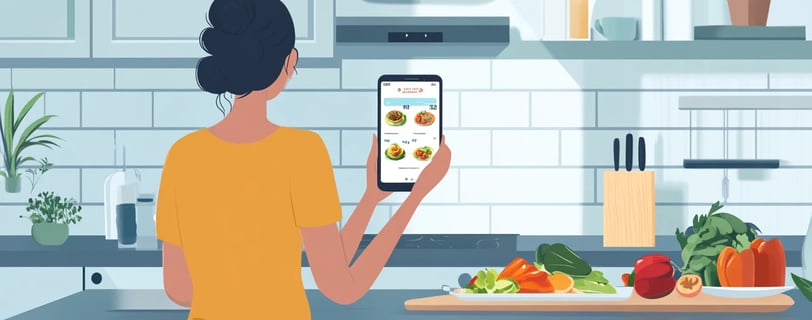 a woman is holding a phone and looking at a meal