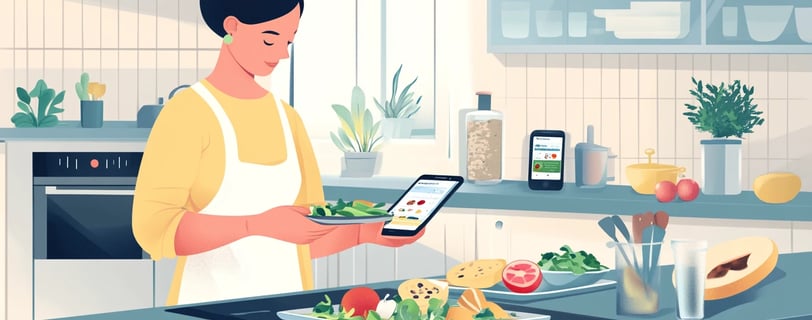 a woman is holding a tablet and looking at her phone