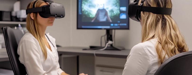 a woman in a chair with a virtual reality headset