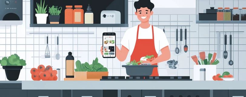 a man in a red apron is cooking in a kitchen