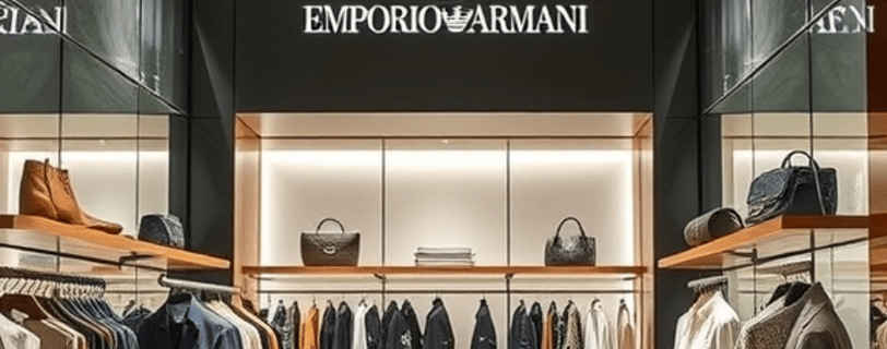 Inside an Emporio Armani boutique, sleek lines and modern silhouettes exude understated luxury.