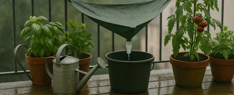 Balcon urbain avec plantes en pots sous la pluie, système de récupération d’eau fait maison
