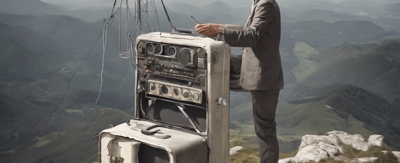 a man in a suit case standing on a mountain