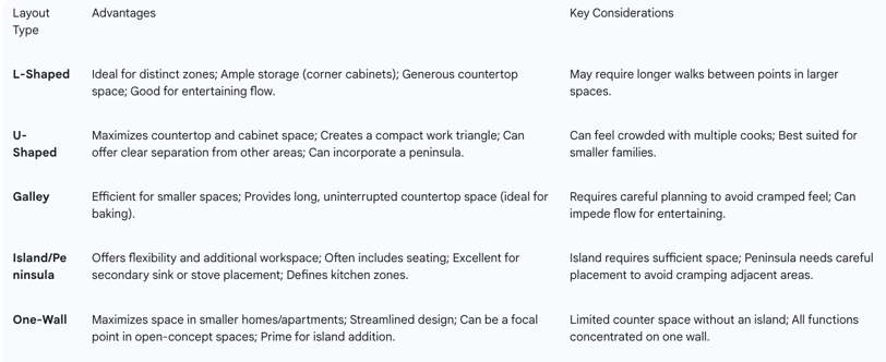 advantages and key considerations for common kitchen layouts
