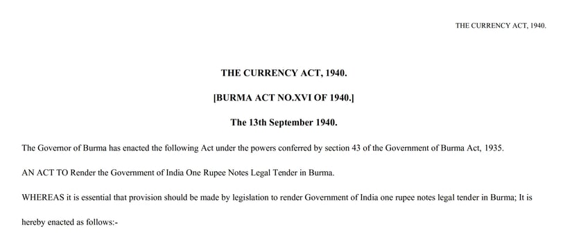 Burma The Currency Act 1940
