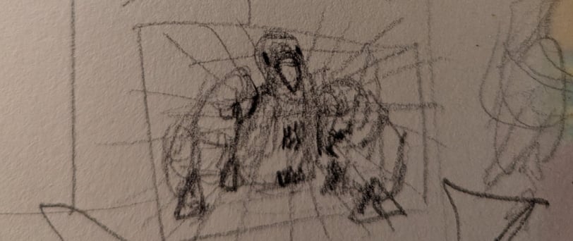 A page from an artist's sketchpad working out how a painting will be laid out as well as defining the subjects.