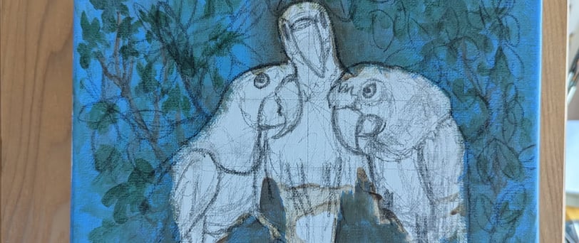 Progress photo of a sketched painting being painted while on a tall wooden easel in front of a bright window.