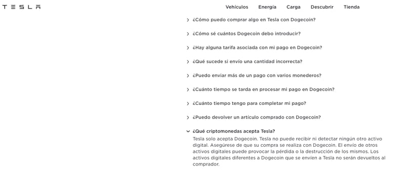 Website de Tesla sobre Dogecoin