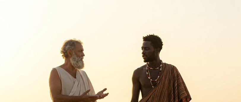 two men standing on a beach with a woman in a towel