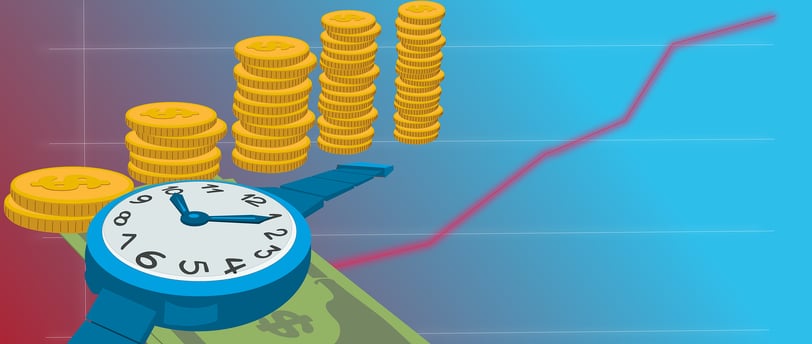 watch, money, coins, and a chart line for investing
