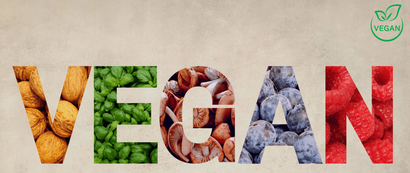 a variety of fruits and vegetables are shown in the word vegan