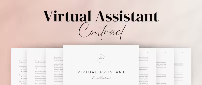Contract template for virtual assistants with signature areas and checklist.