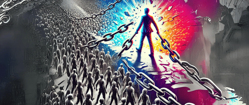 Persona rompiendo cadenas, liberándose de las expectativas sociales.