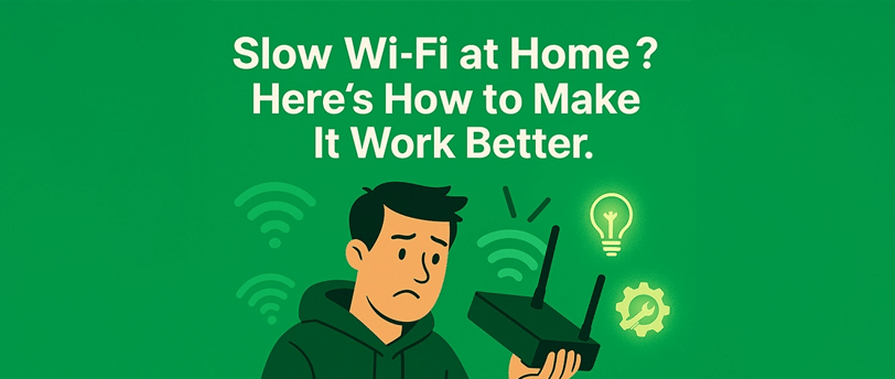 Frustrated man holding Wi-Fi router with weak signal icons and green tech help background in Cedar Rapids.