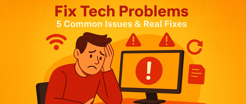 Frustrated man in red shirt at desk with error symbols on screen needing tech help in Cedar Rapids.