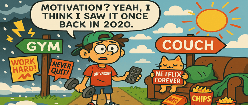 Cartoon image of a male university student torn between exercise and a couch
