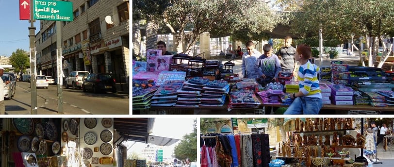Bazaar de Nazaré, com barracas de roupas coloridas e souvenirs típicos da região.