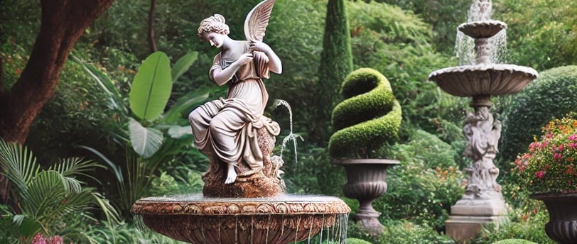 An elegant statue garden fountain featuring a classical sculpture with water flowing from the statue into a surrounding basin
