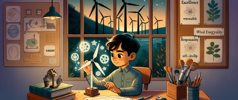 a boy is sitting at a desk with a book and a pen