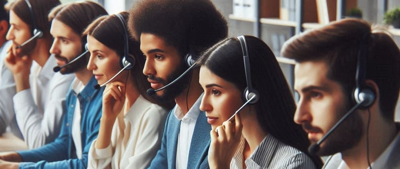 a group of people sitting at a table with headsets and headsets