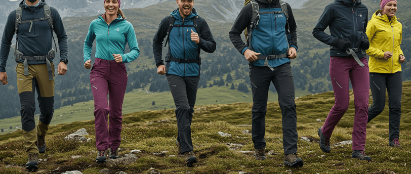 a group of people wearing waterproof hiking pants walking up a hill