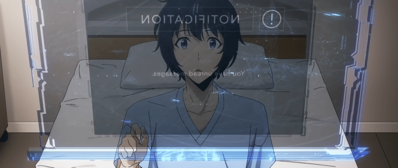 Futuristic holographic Solo Leveling interface displaying character status panel.