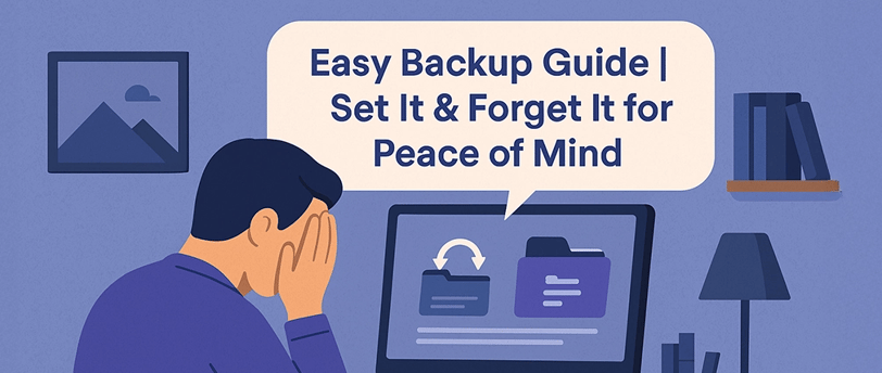Overwhelmed man at home office setting up backup on computer with digital handyman tech help.