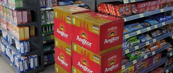 a store display of a variety of drinks and snacks