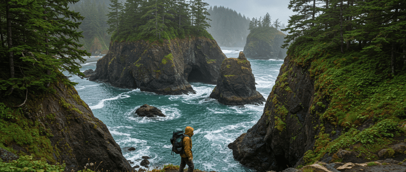 a person standing on a rocky cliff overlooking a body of water