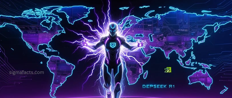 Futuristic digital art of a glowing AI figure symbolizing DeepSeek R1, radiating neon-blue and purpl