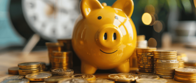 yellow piggy bank with lots of gold coins around it for money purchase plans