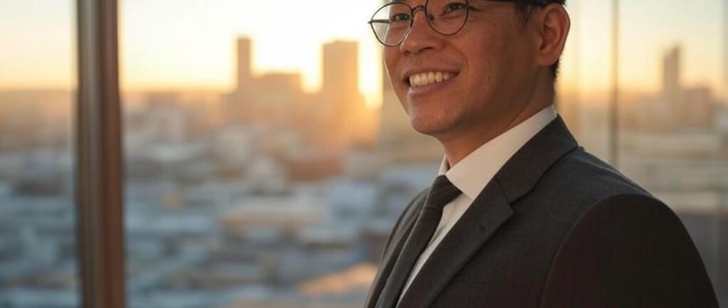 Confident entrepreneur at sunrise, representing success psychology and winner’s mindset