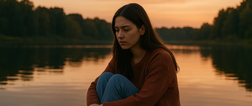Ilustrasi perempuan muda sedang duduk sendiri di tepi danau, wajah murung, suasana senja, simbolik healing masa kini