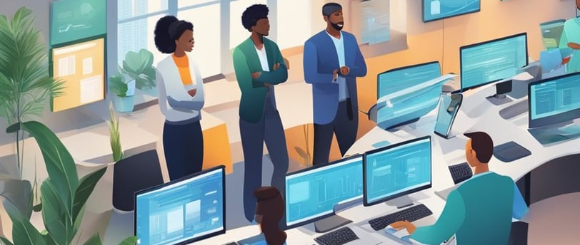 a group of people working on computers and sitting at desks