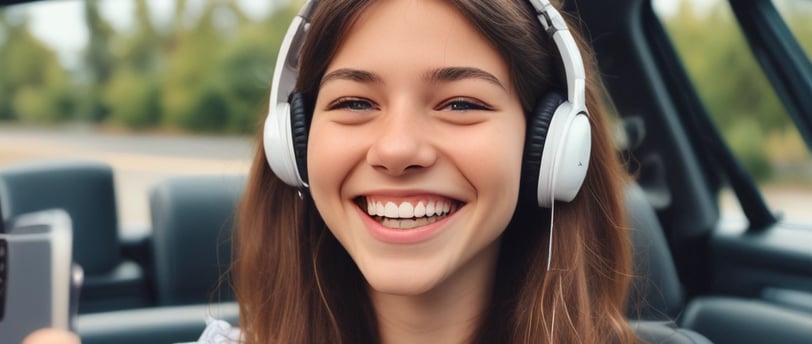 Niña haciendose un selfie para RRSS sonriendo con los cascos puestos